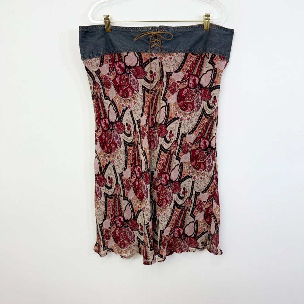 Faded Glory Vintage Y2K Paisley Denim Lace Up Midi Skirt Size 16